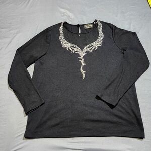 Bob Mackie Wearable Art Women L Black Shirt Rhinestones Bling Long Sleeve Sheer